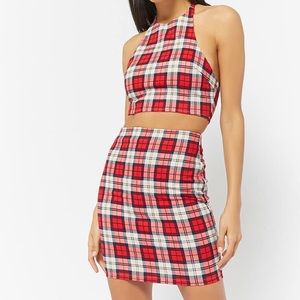 Plaid Crop Halter-Top Matching Mini Skirt Set (S)